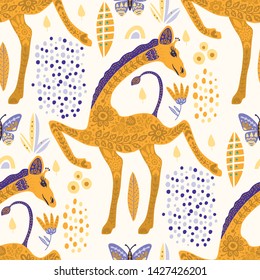 Seamless pattern with cartoon giraffe vector flat illustration in scandinavian style. Color cute african animal background.