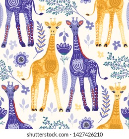 Seamless pattern with cartoon giraffe vector flat illustration in scandinavian style. Color cute african animal background. Magic summer art.