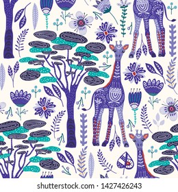 Seamless pattern with cartoon giraffe vector flat illustration in scandinavian style. Color cute african animal background.