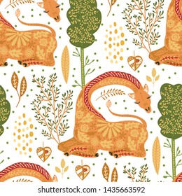 Seamless pattern with cartoon giraffe vector flat illustration in scandinavian style. Cute african dreming animals on a white background.