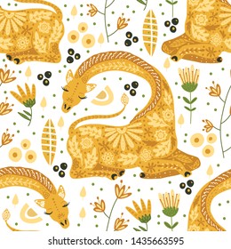 Seamless pattern with cartoon giraffe vector flat illustration in scandinavian style. Cute african animals on a white background.
