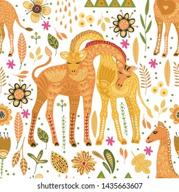 Seamless pattern with cartoon giraffe vector flat illustration in scandinavian style. Cute african animals on a white background.