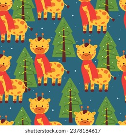seamless pattern cartoon giraffe wearing scarf, tree, and snowflakes. cute animal wallpaper for textile, gift wrap paper, winter background