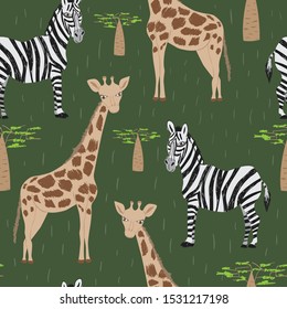 Seamless pattern of cartoon giraffe, zebra and baobab tree. Repeatable textile vector print, wallpaper design.