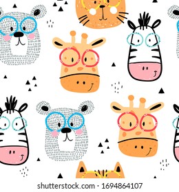 Patrón sin inconvenientes con las jirafas de dibujos animados, osos, cebras, gatos, elementos decorativos. Vector colorido plano para los niños. dibujo a mano. diseño para bebés de tejidos, tejidos, tejidos