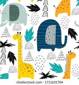 seamless pattern with cartoon giraffes, elephants, palm trees, decor elements. Colorful vector flat style for kids. animal theme. hand drawing. baby design for fabric, print, wrapper, textile