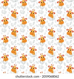 Seamless pattern with cartoon giraffes on a white background. Vector cute animal illustration in minimalistic flat style. Children's print for textiles, print design, postcards