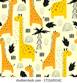 seamless pattern with cartoon giraffes, rainbows, palm trees, decor elements on a neutral background. Colorful vector flat style for kids. animal theme. hand drawing. baby design for fabric, print, wr