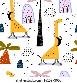 Seamless pattern with cartoon giraffes, sloths, palm trees, rainbows, decor elements. Flat style, colorful vector for kids. Hand drawing, animals. baby design for fabric, print, wrapper, textile