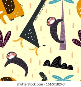 Seamless pattern with cartoon giraffes, sloths, elephants, decor elements on a neutral background. Flat style, colorful vector for kids. Hand drawing, animals. baby design for fabric, print, wrapper, 
