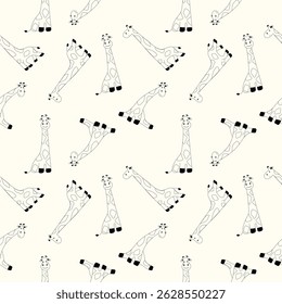 Seamless pattern of cartoon giraffes in various poses, set against a light background. Ideal for children's rooms, this whimsical pattern adds a joyful touch to wall art, bedding, or craft projects.