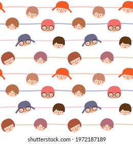 Seamless Pattern of Cartoon Girl and Boy Face Design on White Background with Wavy Lines