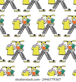 seamless pattern with cartoon girl character in doodle style in vector. template for background, wallpaper, wrapping, fabric, print