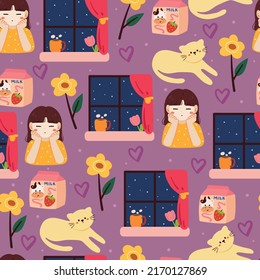 seamless pattern cartoon girl, window, cat, in purple background. cute wallpaper for girls, gift wrap paper