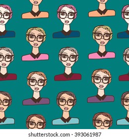 Seamless pattern with cartoon girls hand drawn vector illustration