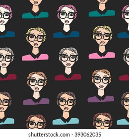 Seamless pattern with cartoon girls hand drawn vector illustration