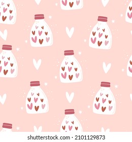 Seamless pattern with cartoon glass jar, decor elements. Colorful vector flat style for kids. hand drawing. valentines day. Romantic design for print, wrapper, fabric.