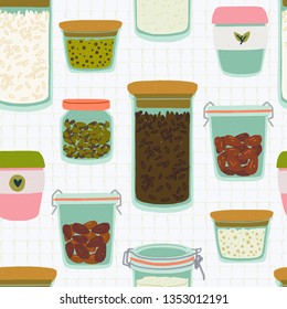 Seamless pattern with cartoon glass jars and tumblers on quad ruled background. Flat style kitchen utensils backdrop. Reusable containers for zero waste lifestyle. For eco shop site, cooking blog