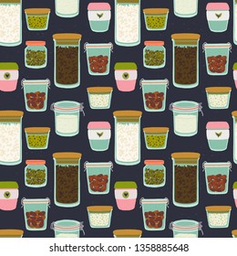 Seamless pattern with cartoon glass jars and tumblers on dark background. Flat style kitchen utensils backdrop. Reusable containers for zero waste lifestyle. For eco shop site, cooking blog, print