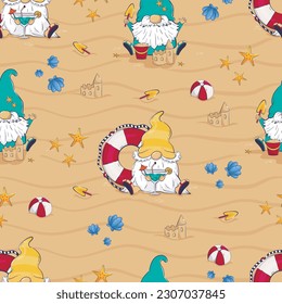 Seamless pattern with cartoon gnome building a sandcastle drinking a cocktail on the beach. Summer vector background with cute character