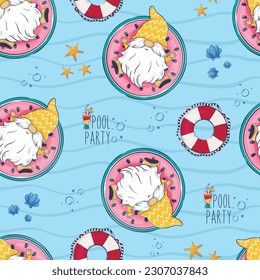 Seamless pattern with cartoon gnome on a watermelon mattress in the pool. Pool party vector background