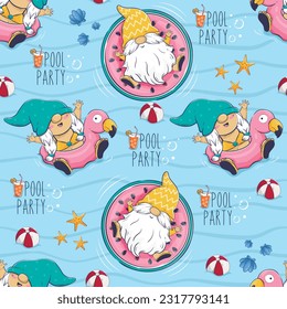 Seamless pattern with a cartoon gnome on a watermelon mattress and in an inflatable flamingo circle in the pool. Pool party lettering vector background