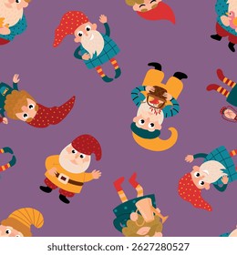 Seamless Pattern of Cartoon Gnomes on Purple