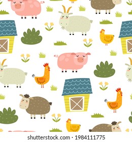 Seamless pattern with cartoon goat, sheep, rooster, chicken, decor elements. Farm. Flat colorful vector for kids. hand drawing. animals. baby design for fabric, textile, wrapper, print.