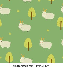 Nahtloses Muster mit Cartoon Ziege, Baum. Bauernhof. Flache bunter Vektorgrafik für Kinder. Handzeichnung. Tiere. Babydesign für Gewebe, Textilien, Wrapper, Druck.