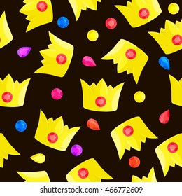 Seamless pattern with cartoon gold crown and diamonds on black background.