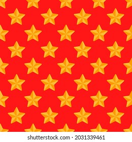 Seamless Pattern with Cartoon Gold Yellow Stars on Red Background. Vector Abstract Holiday Wallpaper.