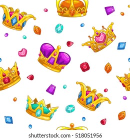 Seamless pattern with cartoon golden king crowns and colorful gemstones on white background. Vector texture tile.