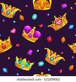 Seamless pattern with cartoon golden king crowns and colorful gemstones on dark background. Vector texture tile.