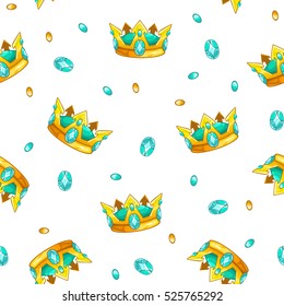 Seamless pattern with cartoon golden king crowns and colorful gemstones on white background. Vector texture tile.