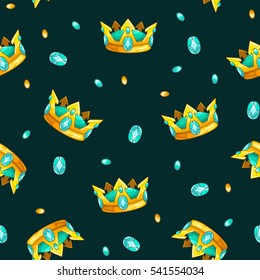 Seamless pattern with cartoon golden king crowns and blue gemstones on dark background. Vector texture tile.