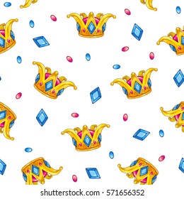Seamless pattern with cartoon golden king crowns and colorful gemstones on white background. Vector texture tile.