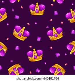 Seamless pattern with cartoon golden king crowns and colorful gemstones. Vector texture tile.