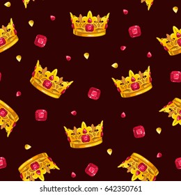 Seamless pattern with cartoon golden king crowns and colorful gemstones. Vector texture tile.