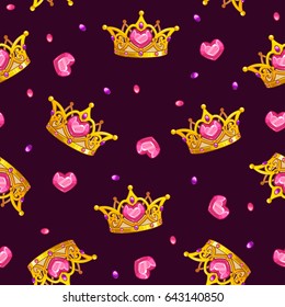 Seamless pattern with cartoon golden king crowns and colorful gemstones. Vector texture tile.