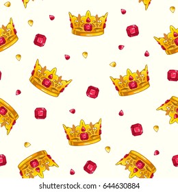 Seamless pattern with cartoon golden king crowns and colorful gemstones. Vector texture tile.
