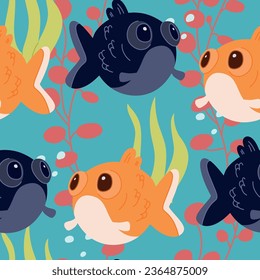 Seamless pattern of cartoon goldfish. Background with cute funny sea fish. Vector cartoon flat illustration