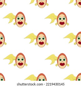 Seamless pattern with cartoon goldfish on white background. Golden fishes background. Creative print for wallpaper children room and bed linen.