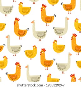 Seamless pattern with cartoon goose, rooster, chicken. Farm. Flat colorful vector for kids. hand drawing. animals. baby design for fabric, textile, wrapper, print.