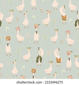 Seamless Pattern with Cartoon Gooses and Flowers