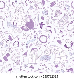 Seamless pattern with cartoon granny and  dog, Christmas tree. Funny winter elements.  Illustration be used for pattern fills, wallpapers, web page, surface textures. 