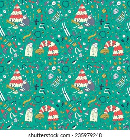 Seamless pattern with cartoon granny and  dog, Christmas tree. Funny winter elements.  Illustration be used for pattern fills, wallpapers, web page, surface textures. 