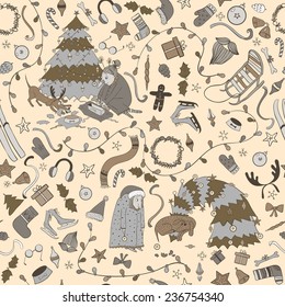 Seamless pattern with cartoon granny and  dog, Christmas tree. Funny winter elements.  Illustration be used for pattern fills, wallpapers, web page, surface textures. 