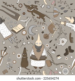 Seamless pattern with cartoon granny and red dog. Funny elements of life.  