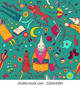 Seamless pattern with cartoon granny and red dog. Funny elements of life.  
