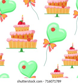 Seamless pattern with cartoon green balloons,cakes with red strawberries,candle,flower.sweets with pink cream.Vector illustration for children's on birthday.Print for fabric, gift wrapping paper.